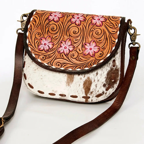 Western Hand Tooled Leather Purse, Leather Crossbody Purse, Genuine Cowhide Leather Purse, Western Style Handbag, Hair On Cowhide Purse