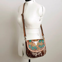 Load image into Gallery viewer, Western Hand Tooled Leather Purse, Leather Crossbody Purse, Genuine Cowhide Leather Purse, Western Style Handbag, Hair On Cowhide Purse
