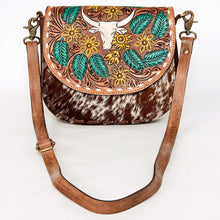 Load image into Gallery viewer, Western Hand Tooled Leather Purse, Leather Crossbody Purse, Genuine Cowhide Leather Purse, Western Style Handbag, Hair On Cowhide Purse
