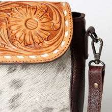 Load image into Gallery viewer, Western Purse, Hand Tooled Leather Crossbody Purse, Hair On Cowhide Purse, Genuine Leather Conceal Carry Purse, Small Crossbody Purse
