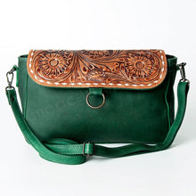 Load image into Gallery viewer, Western Purse, Hand Tooled Leather Crossbody Purse, Green Leather Purse, Genuine Leather Conceal Carry Purse, Small Crossbody Purse
