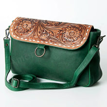 Load image into Gallery viewer, Western Purse, Hand Tooled Leather Crossbody Purse, Green Leather Purse, Genuine Leather Conceal Carry Purse, Small Crossbody Purse
