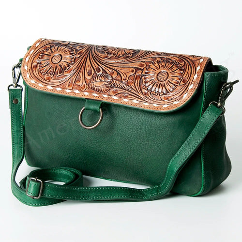 Western Purse, Hand Tooled Leather Crossbody Purse, Green Leather Purse, Genuine Leather Conceal Carry Purse, Small Crossbody Purse