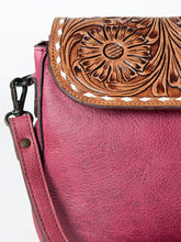 Load image into Gallery viewer, Western Purse, Hand Tooled Leather Crossbody Purse, Purple Leather Purse, Genuine Leather Conceal Carry Purse, Small Crossbody Purse
