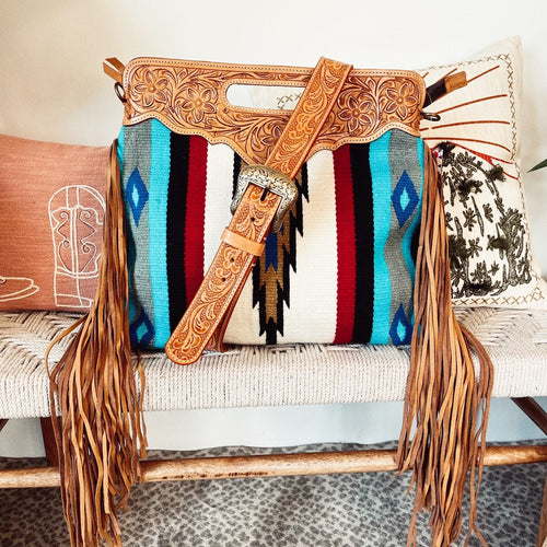 Western Hand Tooled Leather Purse, Western Crossbody Purse, Leather Fringe Purse, Saddle Blanket Crossbody Purse, Aztec Design Crossbody Bag