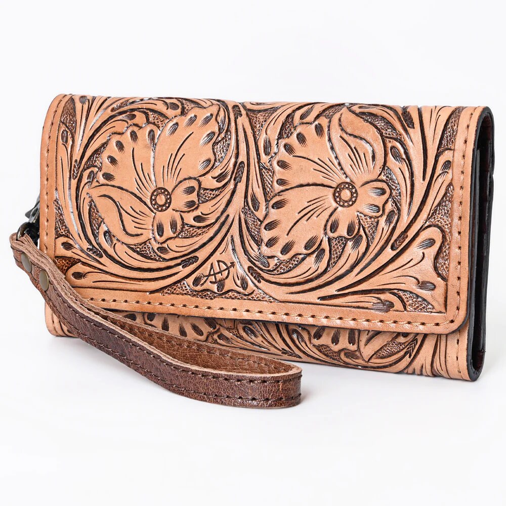 Western Hand Tooled Leather Wallet, Leather Wristlet Wallet, Genuine Leather Wallet, Cowhide Western Purse Wallet, Luxury Wallet
