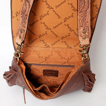 Load image into Gallery viewer, Western Leather Purse, Western Crossbody Purse, Hand Tooled Leather Crossbody Purse, Sunflower Purse, leather Fringe Purse

