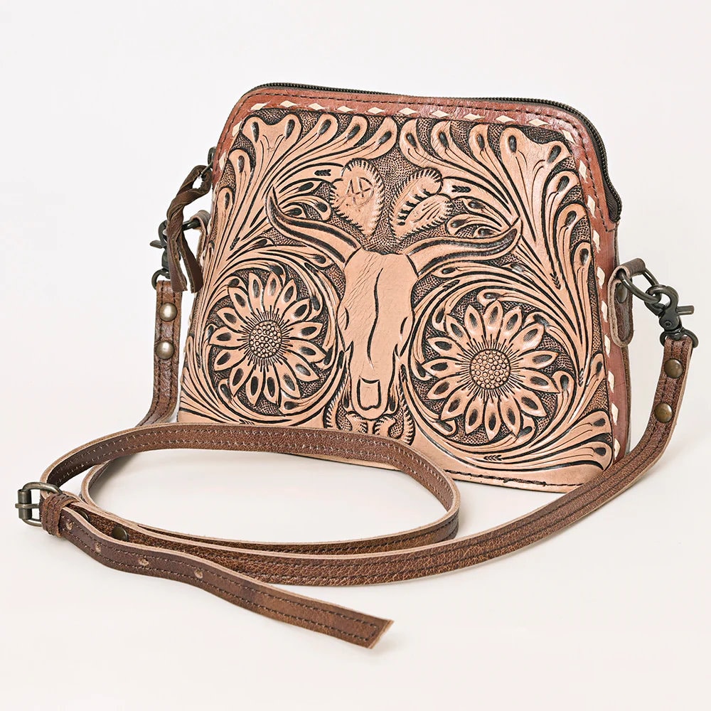 Western Purse, Longhorn Hand Tooled Leather Purse, Western Leather Crossbody Purse, Cowhide Purse, Hand Tooled Leather Purse, Cowhide Purse