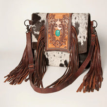 Load image into Gallery viewer, Western Purse, Cowhide Purse, Hand Tooled Leather Purse, Cowhide Purse, Concealed Carry Purse, Leather Crossbody Purse, Leather Fringe
