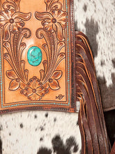 Load image into Gallery viewer, Western Purse, Cowhide Purse, Hand Tooled Leather Purse, Cowhide Purse, Concealed Carry Purse, Leather Crossbody Purse, Leather Fringe
