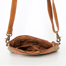 Load image into Gallery viewer, Western Leather Purse, Western Crossbody Purse, Hair On Cowhide Leather Crossbody Purse, Hand Painted handbag, Hand Tooled Crossbody Purse
