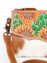 Load image into Gallery viewer, Western Leather Purse, Western Crossbody Purse, Hair On Cowhide Leather Crossbody Purse, Hand Painted handbag, Hand Tooled Crossbody Purse
