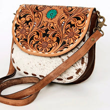 Load image into Gallery viewer, Western Hand Tooled Leather Purse, Leather Crossbody Purse, Genuine Cowhide Leather Purse, Western Style Handbag, Hair On Cowhide Purse
