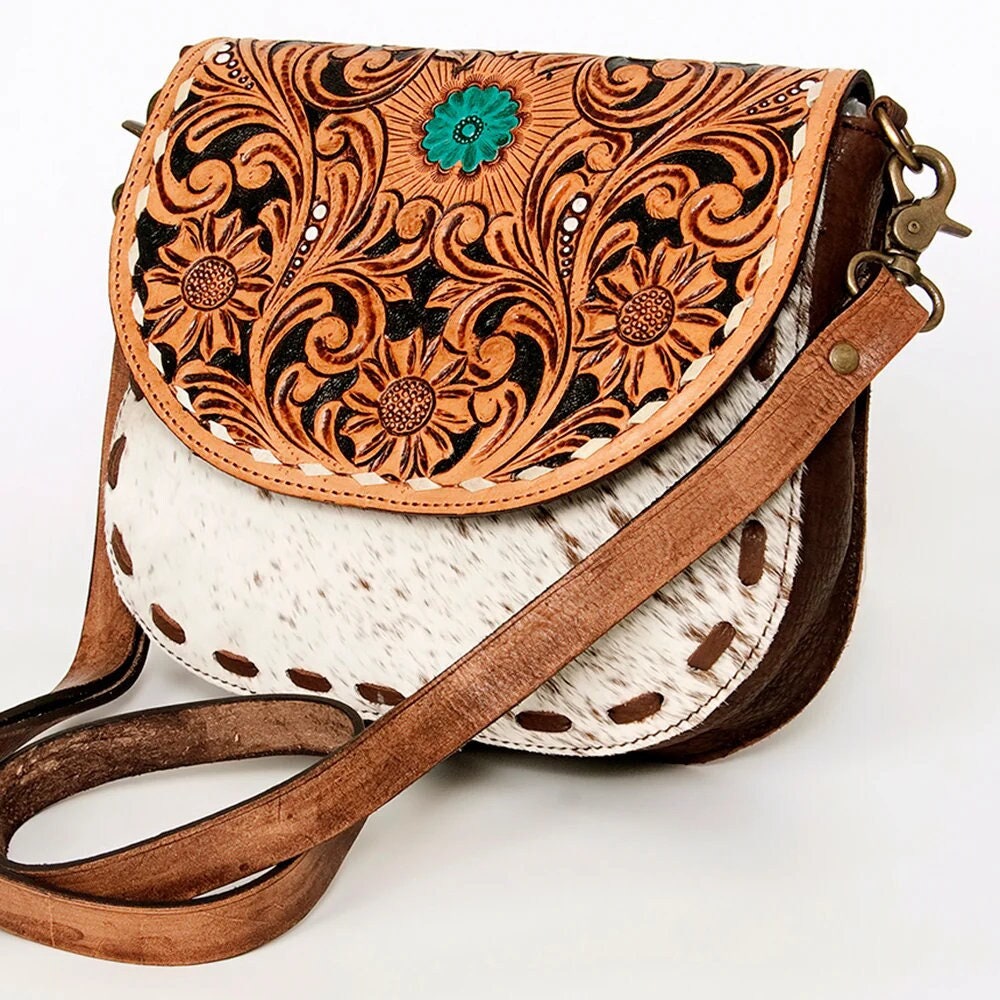 Western Hand Tooled Leather Purse, Leather Crossbody Purse, Genuine Cowhide Leather Purse, Western Style Handbag, Hair On Cowhide Purse
