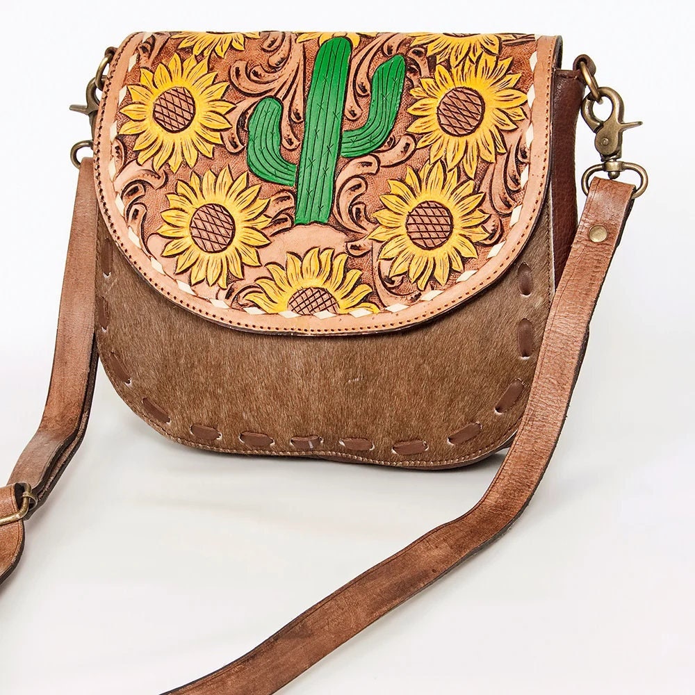 Western Hand Tooled Leather Purse, Leather Crossbody Purse, Genuine Cowhide Leather Purse, Western Style Handbag, Hair On Cowhide Purse