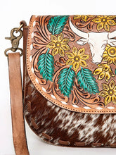 Load image into Gallery viewer, Western Hand Tooled Leather Purse, Leather Crossbody Purse, Genuine Cowhide Leather Purse, Western Style Handbag, Hair On Cowhide Purse
