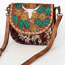 Load image into Gallery viewer, Western Hand Tooled Leather Purse, Leather Crossbody Purse, Genuine Cowhide Leather Purse, Western Style Handbag, Hair On Cowhide Purse
