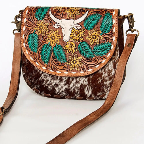 Western Hand Tooled Leather Purse, Leather Crossbody Purse, Genuine Cowhide Leather Purse, Western Style Handbag, Hair On Cowhide Purse