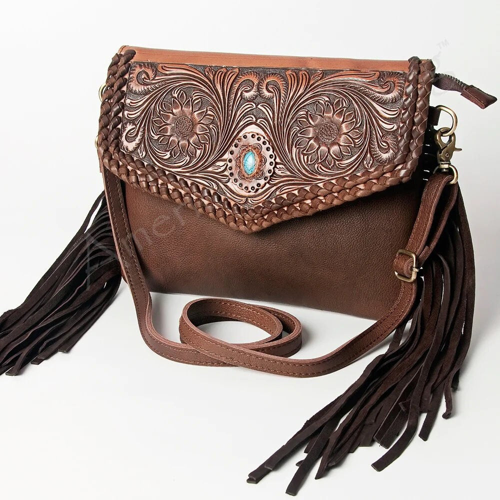 Western Purse, Cowhide Purse, Hand Tooled Leather Purse, Genuine Leather Crossbody Purse, Concealed Carry Purse, Genuine Leather Fringe