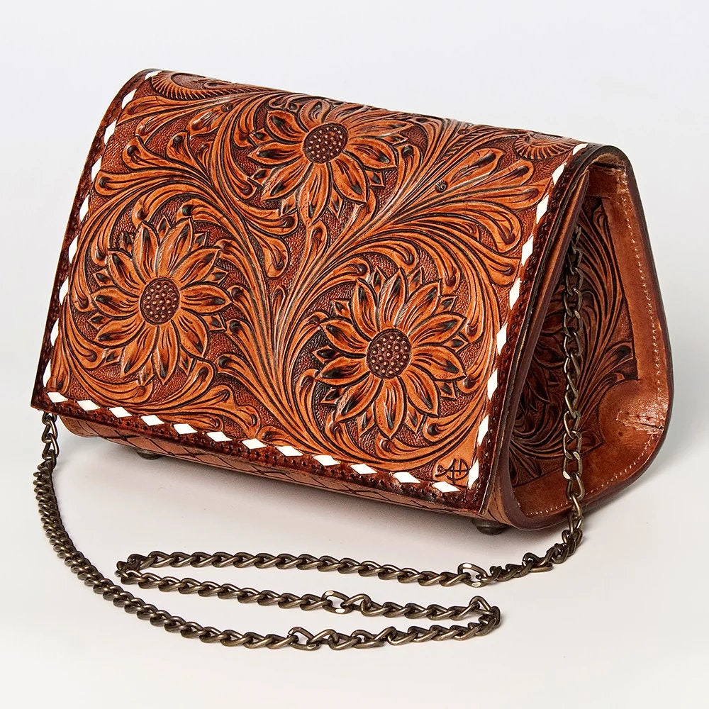 Western Hand Tooled Leather Purse, Leather Crossbody Purse, Messenger Purse, Genuine Leather Purse, Western Crossbody Purse,
