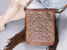 Load image into Gallery viewer, Western Leather Purse, Western Purse, Hand Tooled Leather Crossbody Purse, Genuine Cowhide handbag, leather Fringe Purse
