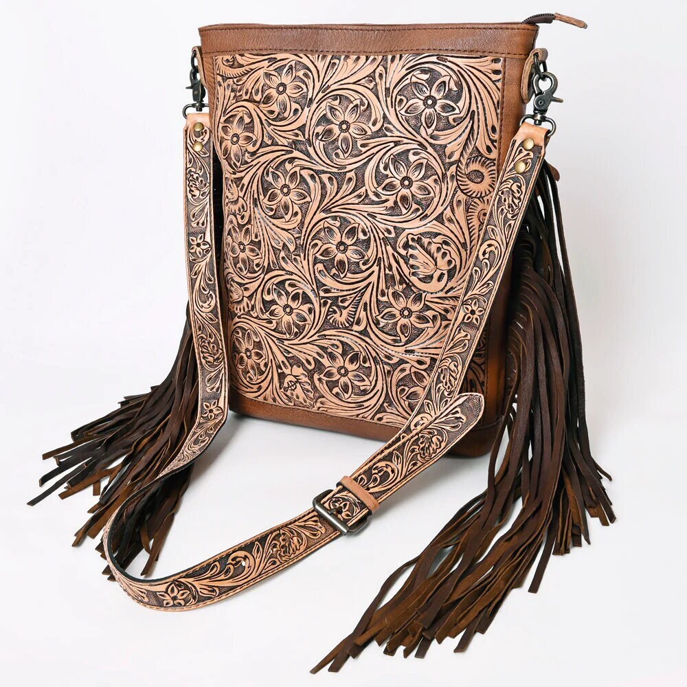 Western Leather Purse, Western Purse, Hand Tooled Leather Crossbody Purse, Genuine Cowhide handbag, leather Fringe Purse