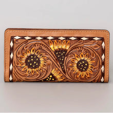 Load image into Gallery viewer, Western Hand Tooled Leather Wallet, Hand Painted Sunflower Leather Wallet, Leather Flower Wallet, Genuine Leather Clutch, Western Purse,
