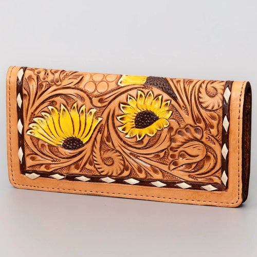 Western Hand Tooled Leather Wallet, Hand Painted Sunflower Leather Wallet, Leather Flower Wallet, Genuine Leather Clutch, Western Purse,