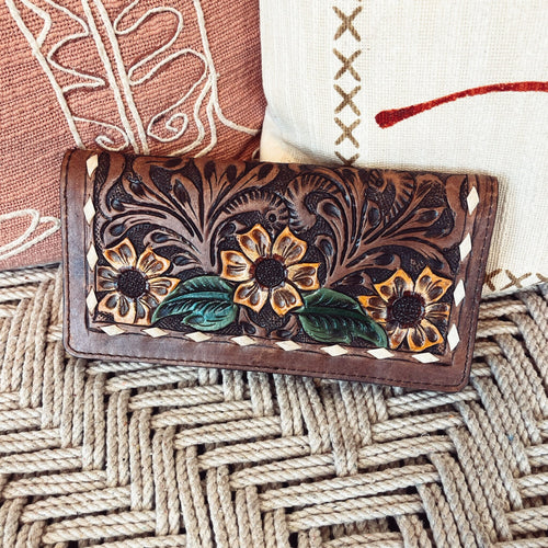 Western Hand Tooled Leather Wallet Purse, Western Buck Stitch Wallet, Leather Clutch, Genuine Leather Hand Painted Wallet