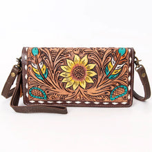 Load image into Gallery viewer, Western Leather Wallet Purse, Hand Tooled Leather Wallet, Crossbody Purse, Womens Leather Wallet, Leather Wristlet, Leather Organizer Wallet
