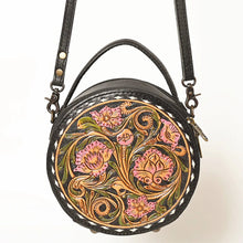 Load image into Gallery viewer, Western Hand Tooled Leather Canteen Purse, Hand Painted Leather Purse, Cowhide Leather Bag, Genuine Western Leather Crossbody Purse
