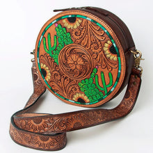 Load image into Gallery viewer, Western Hand Tooled Leather Canteen Purse, Round Leather Purse, Hand Painted Canteen Purse, Genuine Leather Purse, Western Crossbody Purse
