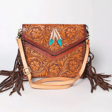 Load image into Gallery viewer, Western Hand Tooled Leather Crossbody Purse, Leather Clutch, Cowhide Purse, Leather Crossbody Handbag, Genuine Leather Fringe Purse
