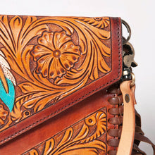 Load image into Gallery viewer, Western Hand Tooled Leather Crossbody Purse, Leather Clutch, Cowhide Purse, Leather Crossbody Handbag, Genuine Leather Fringe Purse
