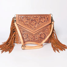 Load image into Gallery viewer, Western Hand Tooled Leather Crossbody Purse, Leather Clutch, Cowhide Purse, Leather Crossbody Handbag, Genuine Leather Fringe Purse
