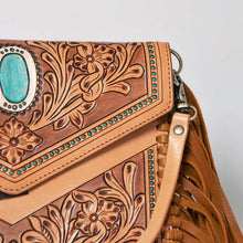 Load image into Gallery viewer, Western Hand Tooled Leather Crossbody Purse, Leather Clutch, Cowhide Purse, Leather Crossbody Handbag, Genuine Leather Fringe Purse
