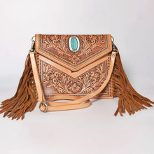 Load image into Gallery viewer, Western Hand Tooled Leather Crossbody Purse, Leather Clutch, Cowhide Purse, Leather Crossbody Handbag, Genuine Leather Fringe Purse
