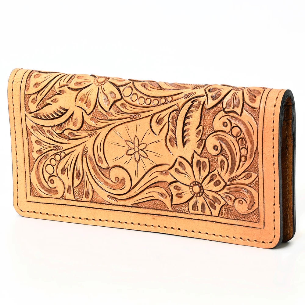 Western Hand Tooled Leather Wallet, Hand Tooled Floral Leather Wallet, Leather Flower Wallet, Genuine Leather Clutch, Western Purse