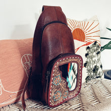 Load image into Gallery viewer, Leather Sling Bag Women, Leather Sling Backpack Purse, Leather Backpack, Western Purse, Serape Saddle Blanket Sling Purse
