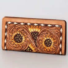 Load image into Gallery viewer, Western Hand Tooled Leather Wallet, Hand Painted Sunflower Leather Wallet, Leather Flower Wallet, Genuine Leather Clutch, Western Purse,
