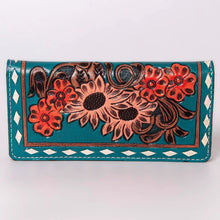 Load image into Gallery viewer, Western Hand Tooled Leather Wallet, Hand Painted Sunflower Leather Wallet, Leather Flower Wallet, Genuine Leather Clutch, Western Purse,
