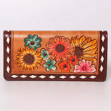 Load image into Gallery viewer, Western Hand Tooled Leather Wallet, Hand Painted Sunflower Leather Wallet, Leather Flower Wallet, Genuine Leather Clutch, Western Purse,
