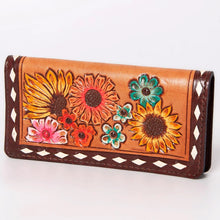 Load image into Gallery viewer, Western Hand Tooled Leather Wallet, Hand Painted Sunflower Leather Wallet, Leather Flower Wallet, Genuine Leather Clutch, Western Purse,
