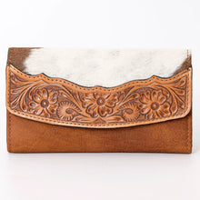 Load image into Gallery viewer, Western Leather Wallet, Hand Tooled Leather Wallet, Hair On Cowhide Wallet, Womens Leather Wallet, Genuine Leather Wallet
