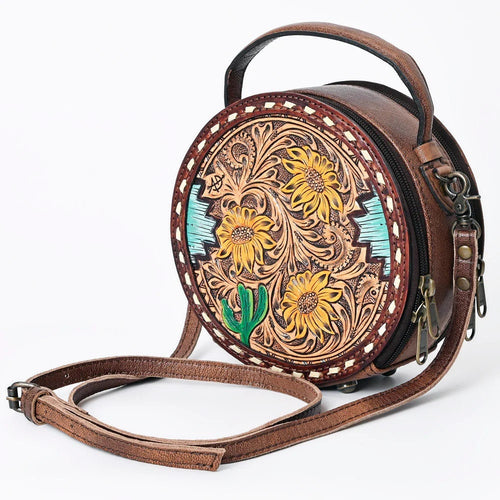 Western Hand Tooled Leather Canteen Purse, Hand Painted Leather Purse, Cowhide Leather Bag, Genuine Western Leather Crossbody Purse