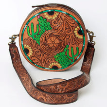 Load image into Gallery viewer, Western Hand Tooled Leather Canteen Purse, Round Leather Purse, Hand Painted Canteen Purse, Genuine Leather Purse, Western Crossbody Purse
