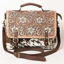 Load image into Gallery viewer, Western Purse, Western Tote Bag, Hand Tooled Leather Purse, Leather Briefcase, Laptop Bag, Hair On Cowhide Purse, Leather Crossbody Purse
