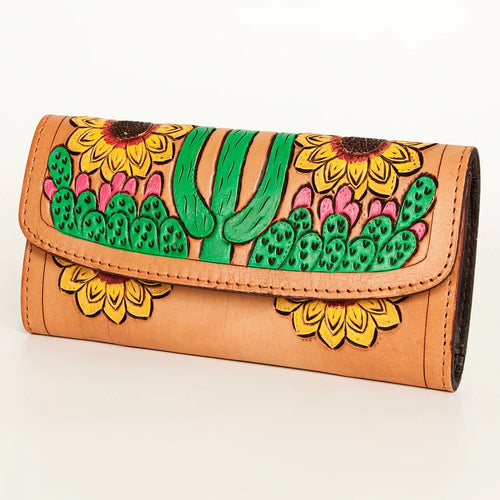 Western Hand Tooled Leather Wallet, Leather Clutch Purse, Cowhide Purse, Hand Painted Leather Wallet, Genuine Cowhide Western Wallet