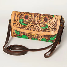 Load image into Gallery viewer, Western Hand Tooled Leather Wallet, Leather Clutch Purse, Cowhide Purse, Leather Crossbody Wallet, Genuine Cowhide Western Wallet
