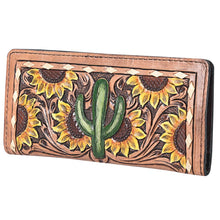 Load image into Gallery viewer, Western Hand Tooled Leather Wallet Purse, Leather Sunflower Wallet, Handmade Womens Leather Wallet, Hand Painted Wallet
